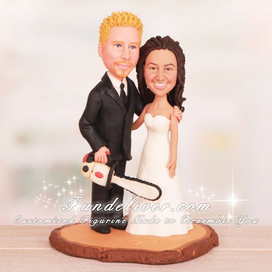 Couple Standing on a Wooden Heart with Carved Initials - Click Image to Close