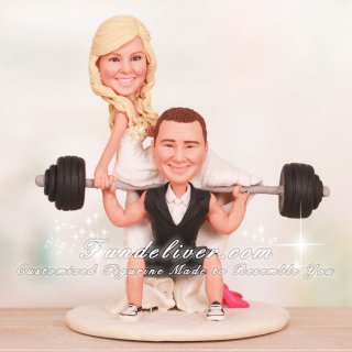 Squatting Groom Powerlifting Bride on Barbell Cake Toppers