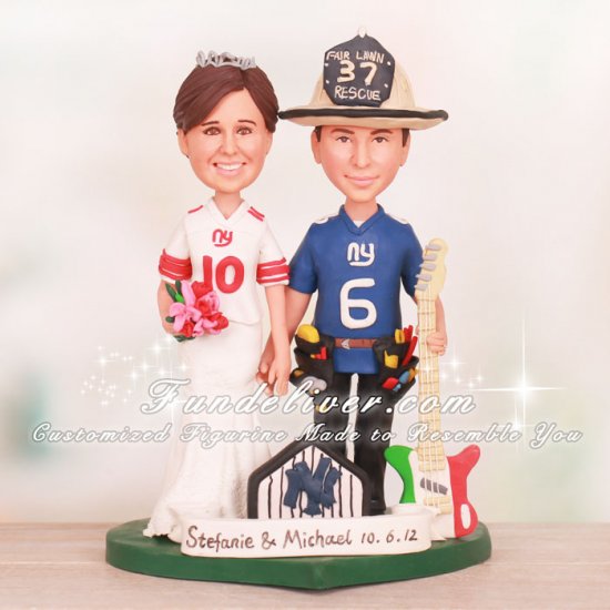 Groom in Tool Belt and Firefighter Hat Holding Guitar Cake Toppers - Click Image to Close