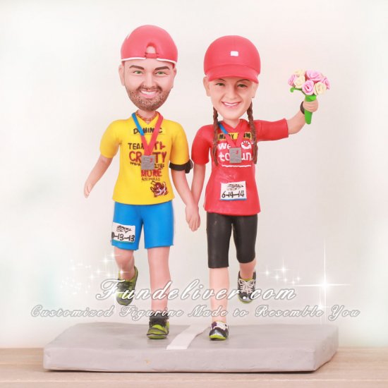 Bride and Groom Wearing Race Medals Cake Toppers - Click Image to Close