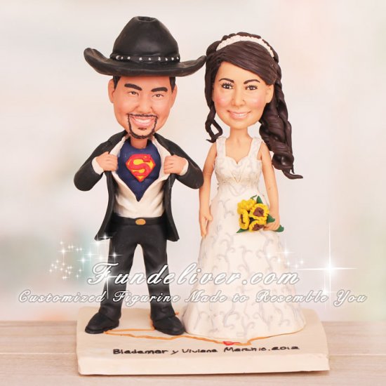 Superman Pose Western Cowboy Theme Wedding Cake Toppers - Click Image to Close