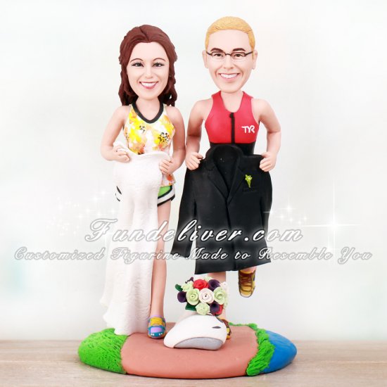 Triathlon Wedding Cake Topper with Couple Running & Carrying Wedding Attire - Click Image to Close