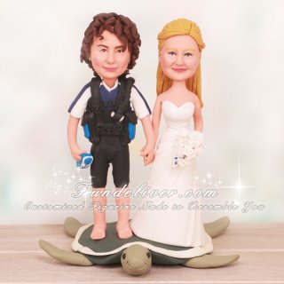 Standing on Turtle Scuba Divers Wedding Cake Toppers
