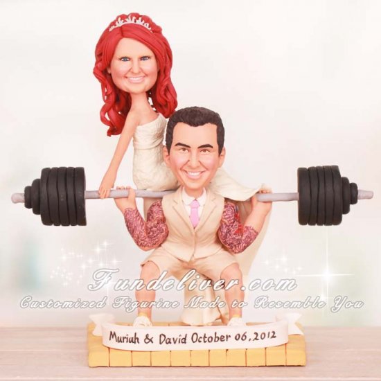 Groom Doing Squat Bride Sitting on Barbell Powerlifting Cake Toppers - Click Image to Close