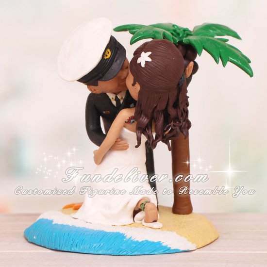Beachy Theme Kissing Navy Chief Military Wedding Cake Toppers - Click Image to Close