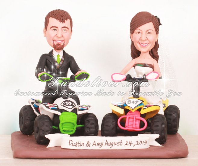 Bride and Groom Riding ATVs Wedding Cake Toppers - Click Image to Close