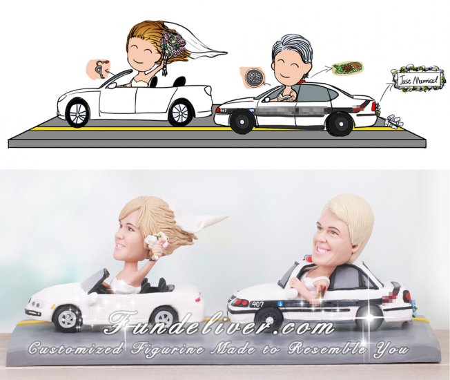 Lesbian Wedding Cake Topper with Speeding Bride and Police Officer Bride - Click Image to Close