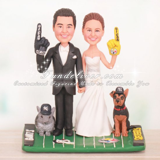 Couple Holding Up Giants and Steelers Foam Finger Wedding Cake Toppers - Click Image to Close