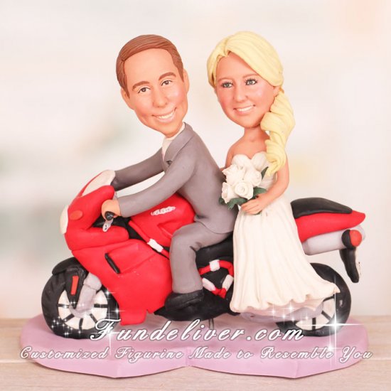 Bride and Groom Riding Ducati Motorbike Wedding Cake Toppers - Click Image to Close