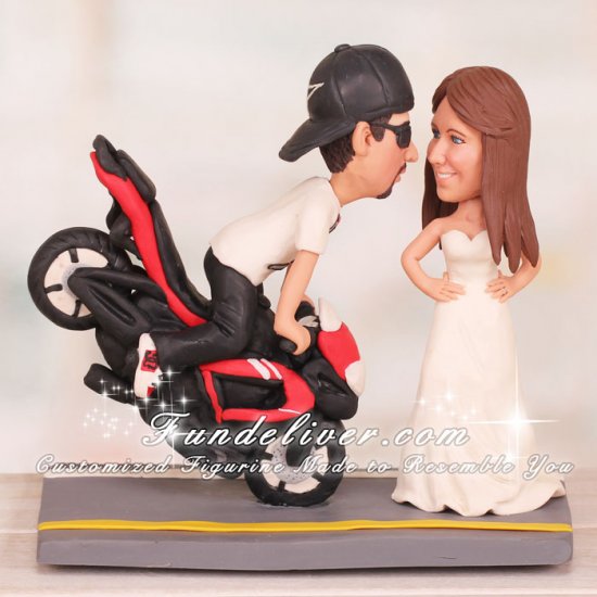 Groom Doing Stoppie Endo Front Wheelie Kissing Bride Cake Toppers - Click Image to Close