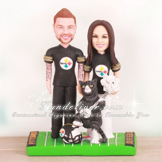 Steeler Theme Cat Playing Banjo Football Wedding Cake Toppers - Click Image to Close