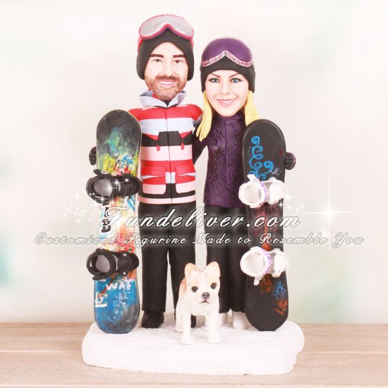 Snowboarders Bride and Groom Cake Topper with Dog - Click Image to Close