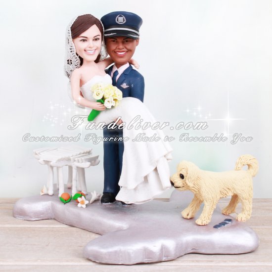 Airplane Wedding Cake Topper with Pilot Groom Holding Bride Beside Arbor and Dog - Click Image to Close