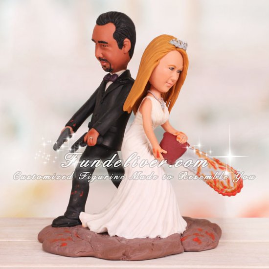 Zombie Cake Topper Groom Holding Pistols Bride Wielding Chainsaw - Click Image to Close