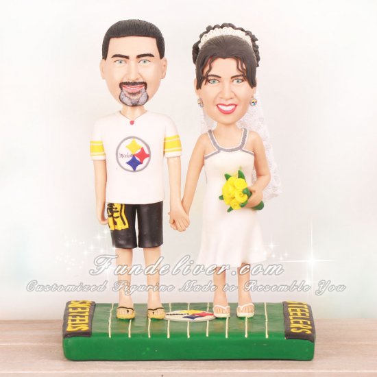 Bride and Groom Standing on Football Field Cake Toppers - Click Image to Close