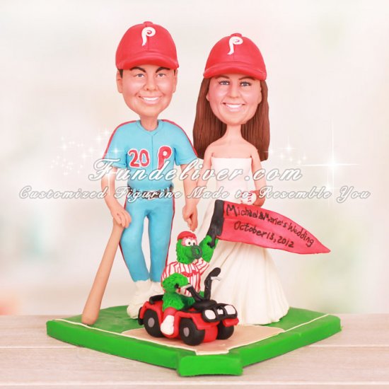 Phillie Phanatic on 4 Wheeler in Front of Bride and Groom Cake Toppers - Click Image to Close