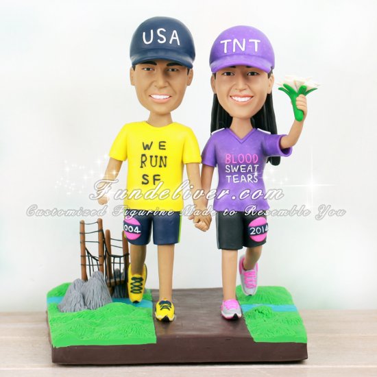 Golden Gate Bridge Cake Topper With Bride and Groom Running Marathon - Click Image to Close