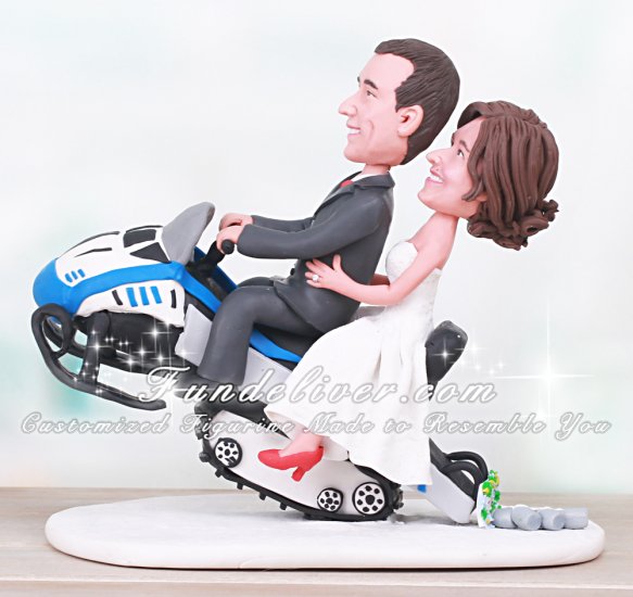 Winter Wedding Cake Toppers with Bride and Groom on a Snowmobile - Click Image to Close