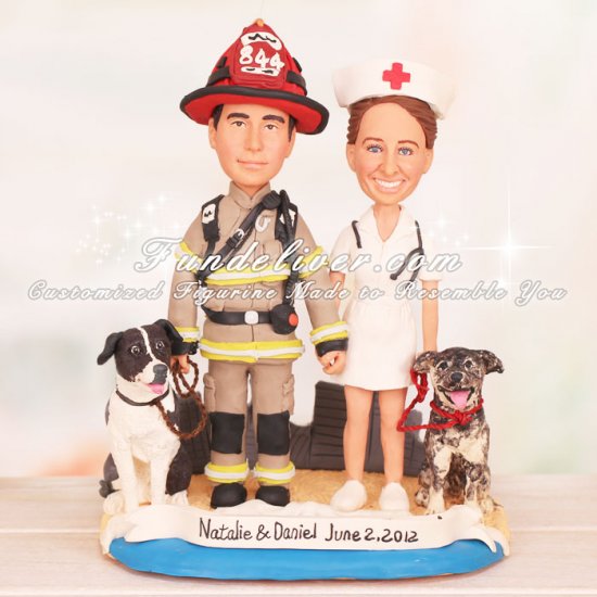 Firefighter Nurse and Dogs Wedding Cake Toppers - Click Image to Close