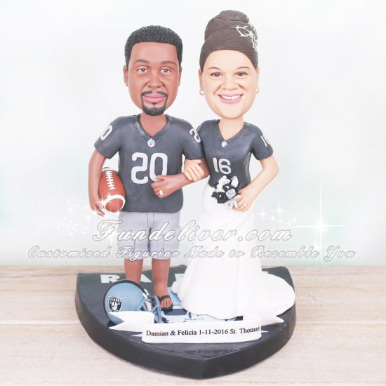 Oakland Raiders Cake Topper with Bride and Groom in Jerseys and Raiders Logo Base - Click Image to Close