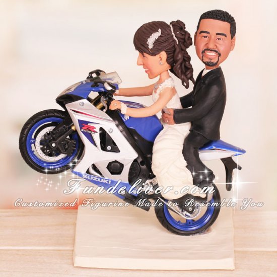 Bride Pops a Wheelie with Groom on Back Seat Motorcycle Cake Toppers - Click Image to Close
