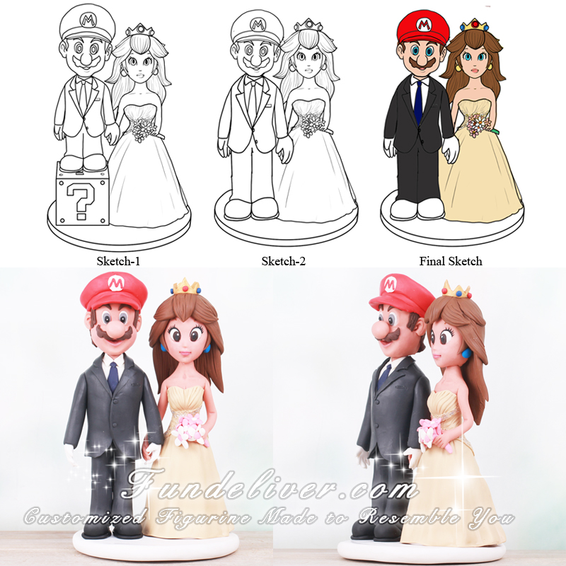 Super Mario Wedding Cake Topper with Mario in Tux & Princess Peach with  Flowers